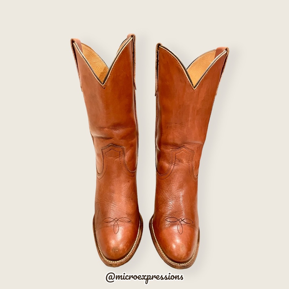 VINTAGE 1980's Frye Pull On Cognac Brown Leather Cowgirl Southern Heeled Boot - Picture 6 of 14